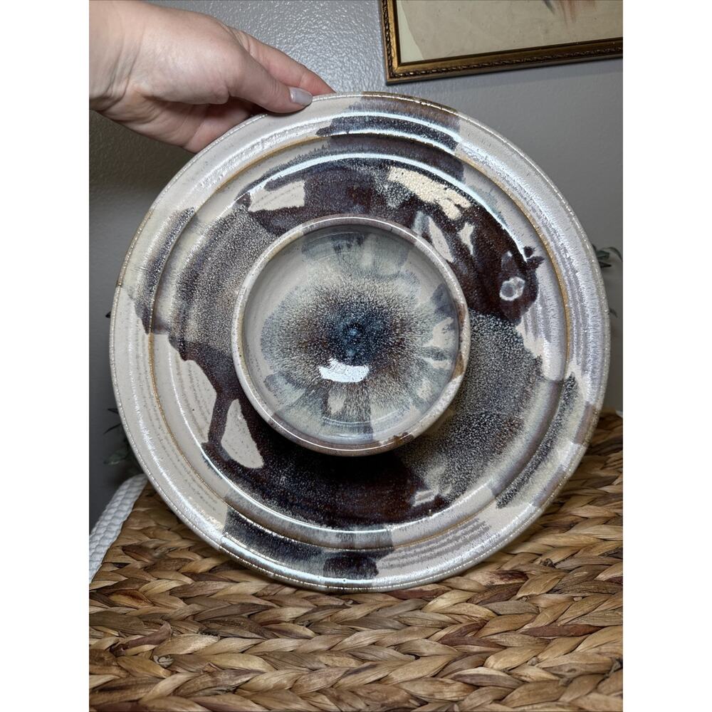 VTG Signed Studio Art Pottery Chip, Dip Bowl Stoneware Platter Crystalline 12.5” - Picture 8 of 9